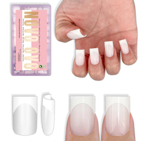 NOVO OVO short sharp square white French tip closeup for salon-ready nails.