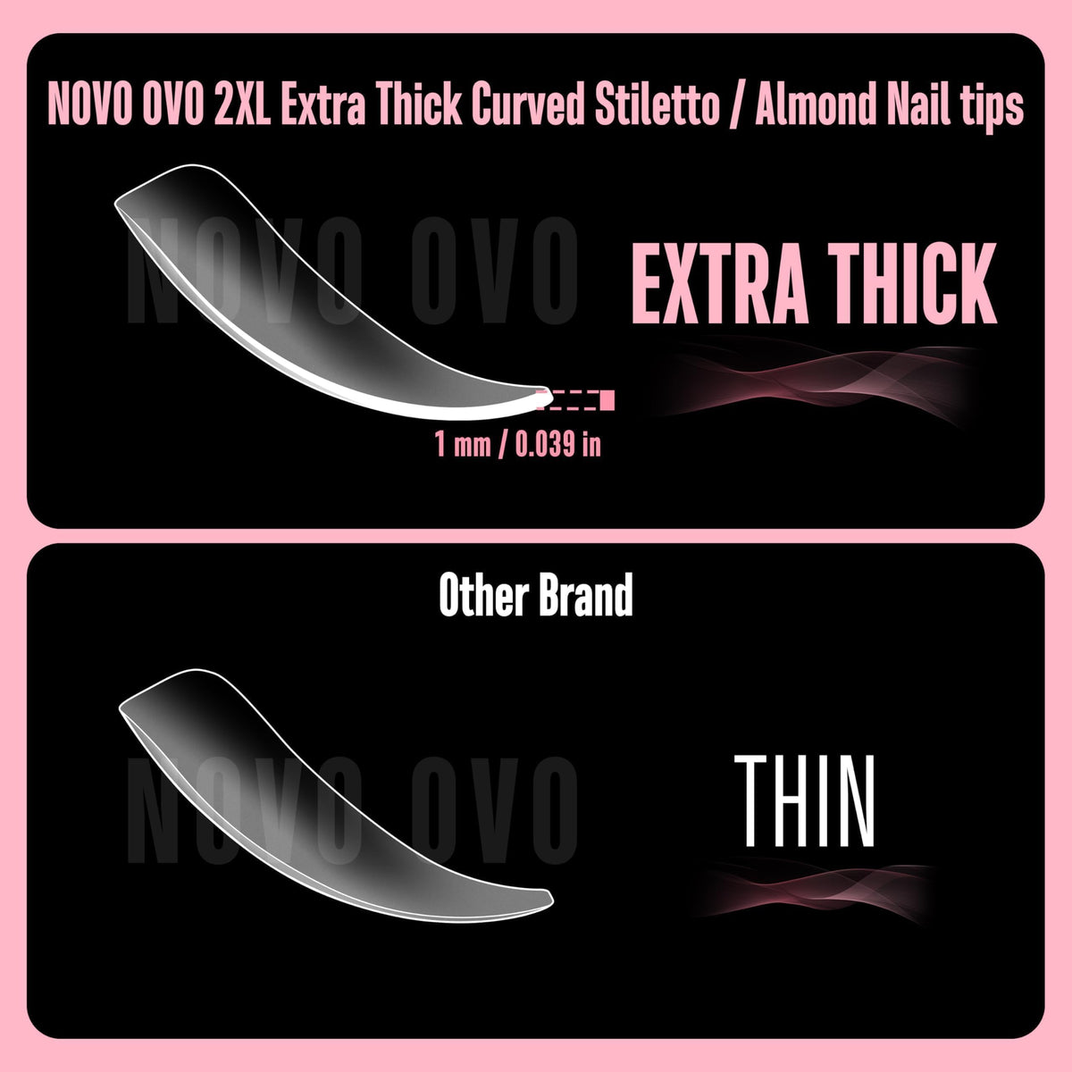 NOVO OVO extra-thick soft gel tips with 2x durability for long-lasting wear.