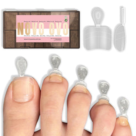 NOVO OVO soft-gel toe tips half-cover with guiding line for precise placement.