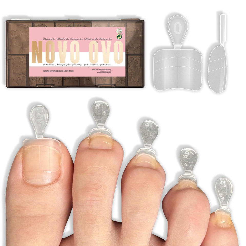 NOVO OVO soft-gel toe tips half-cover with guiding line for precise placement.