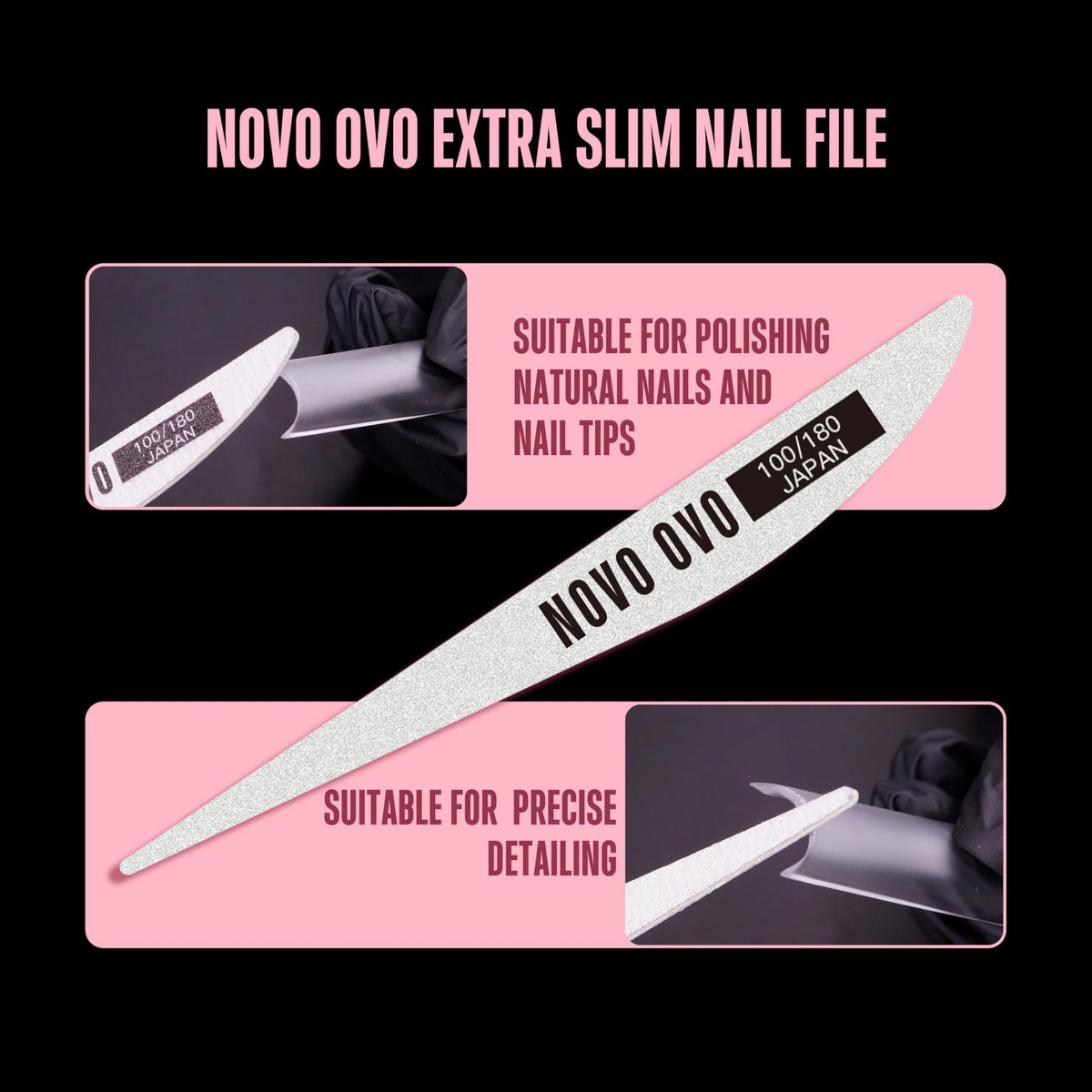 NOVO OVO ultra-thin nail file included for shaping and detailing.