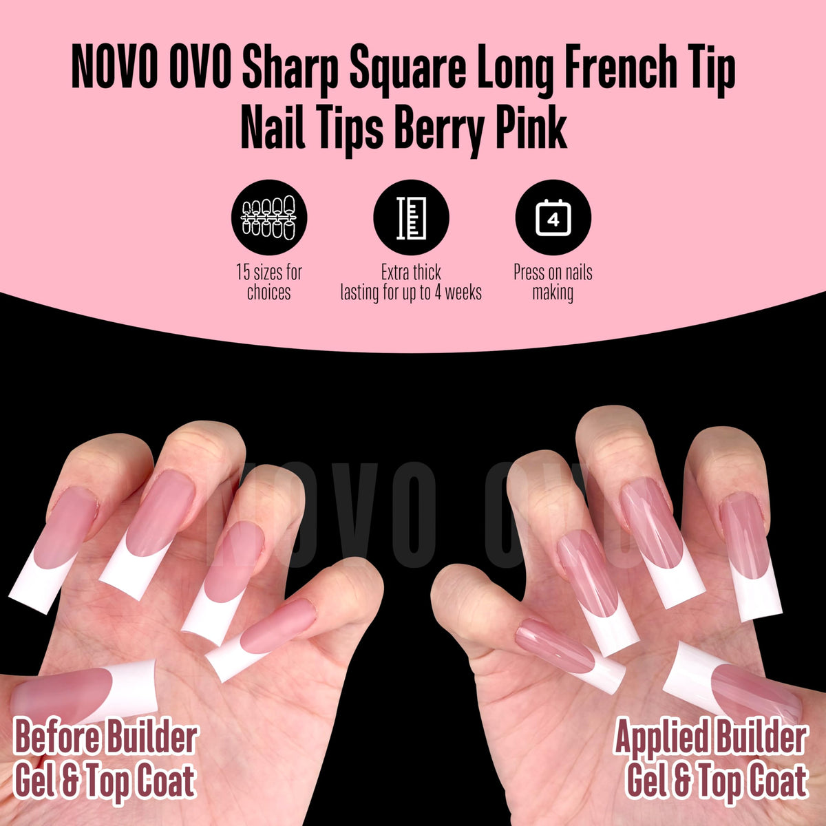 NOVO OVO ultra-transparent soft gel tips are easy to press and trim for a neat finish.