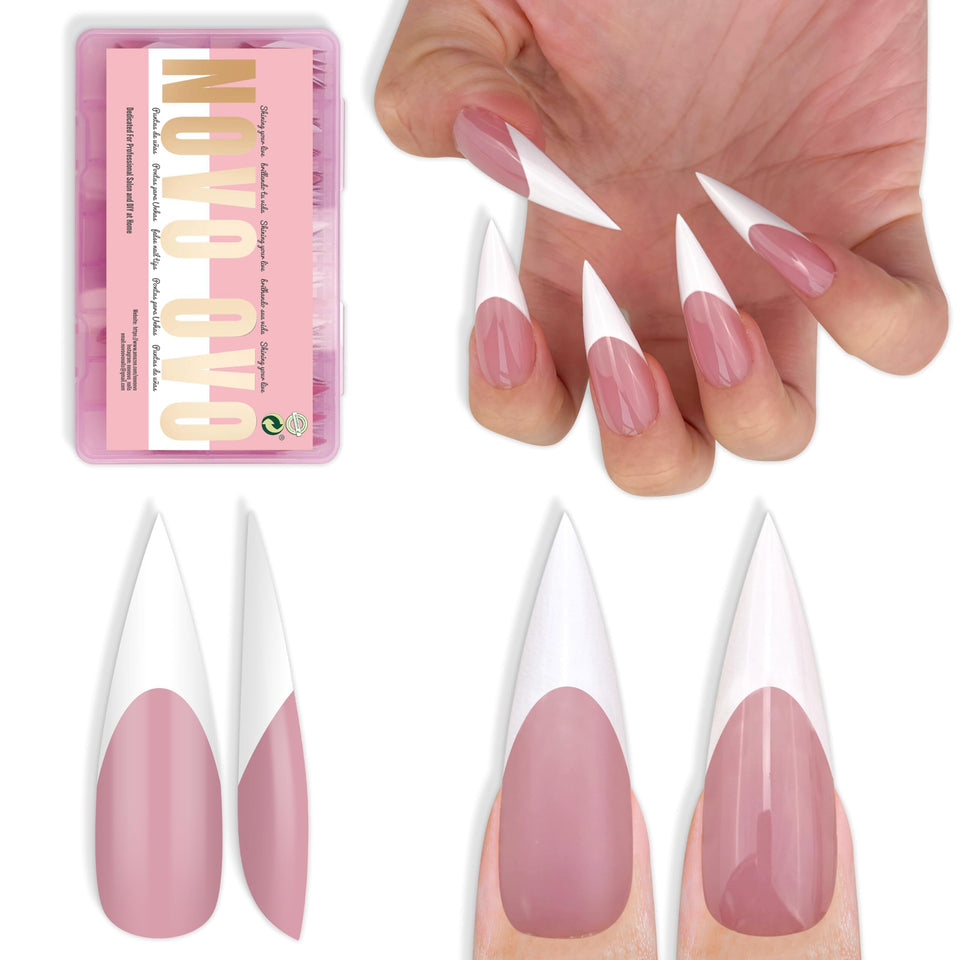 NOVO OVO white French tip long XL stiletto nails in berry pink for a dramatic look