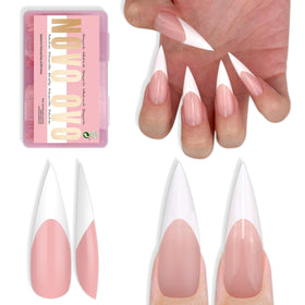 NOVO OVO white French tip long XL stiletto nails in baby pink for quick DIY salon look.