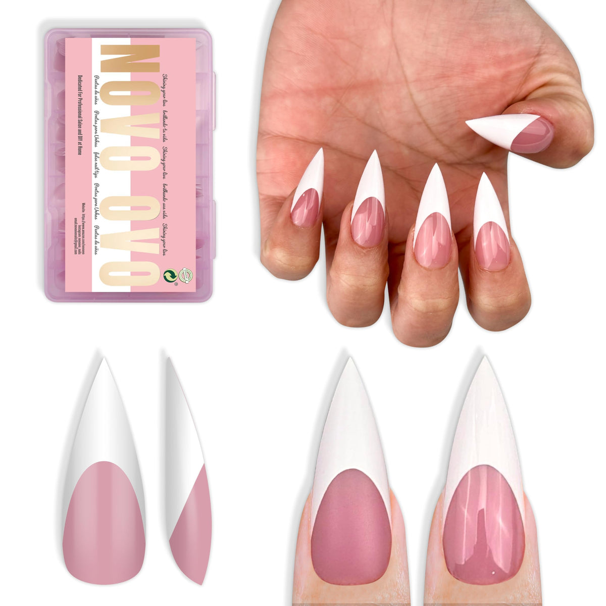 NOVO OVO white French tip stiletto nails in berry pink for a fast salon-like manicure.