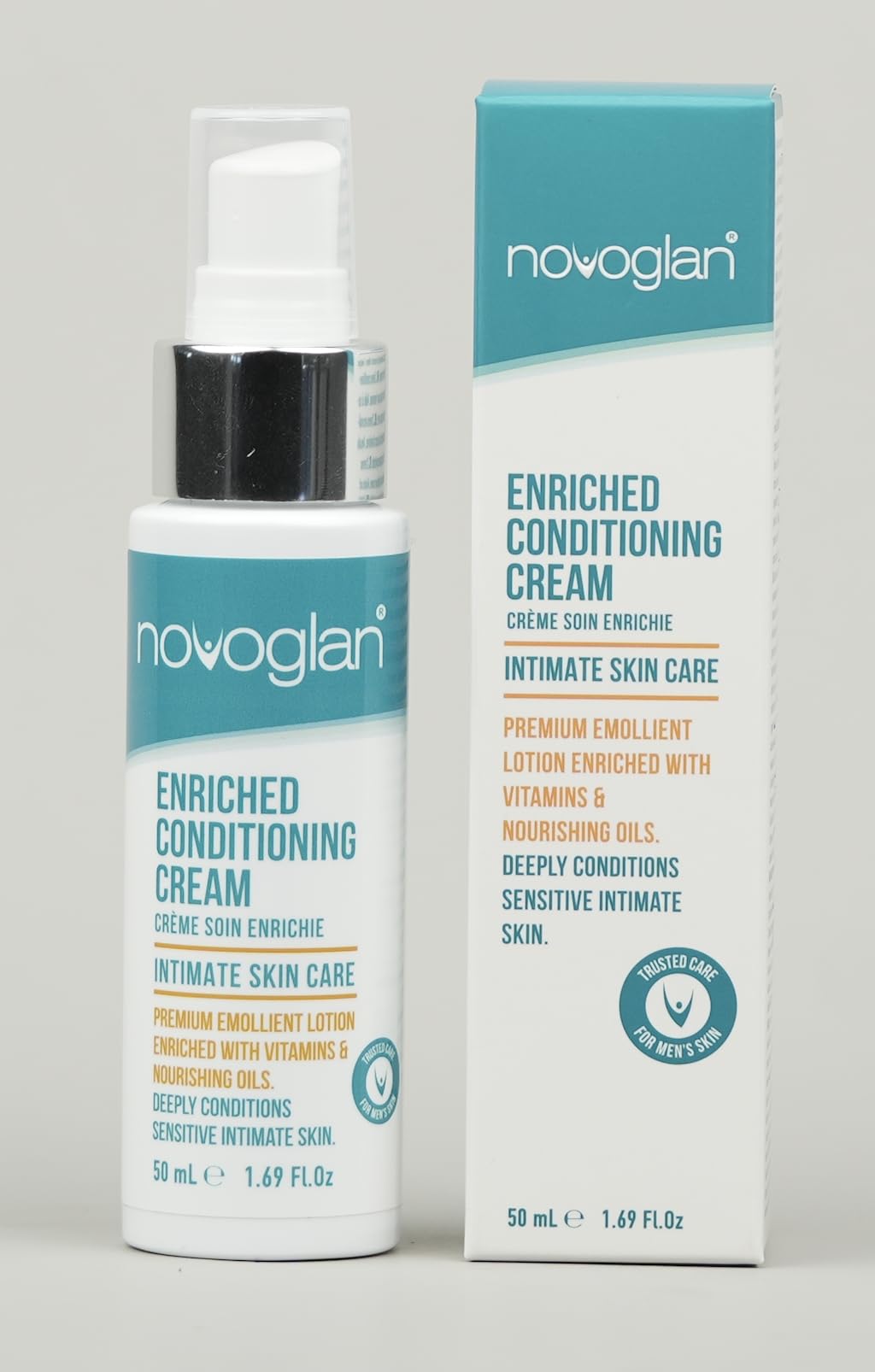 Novoglan Enriched Conditioning Cream bottle with pump for easy daily application.