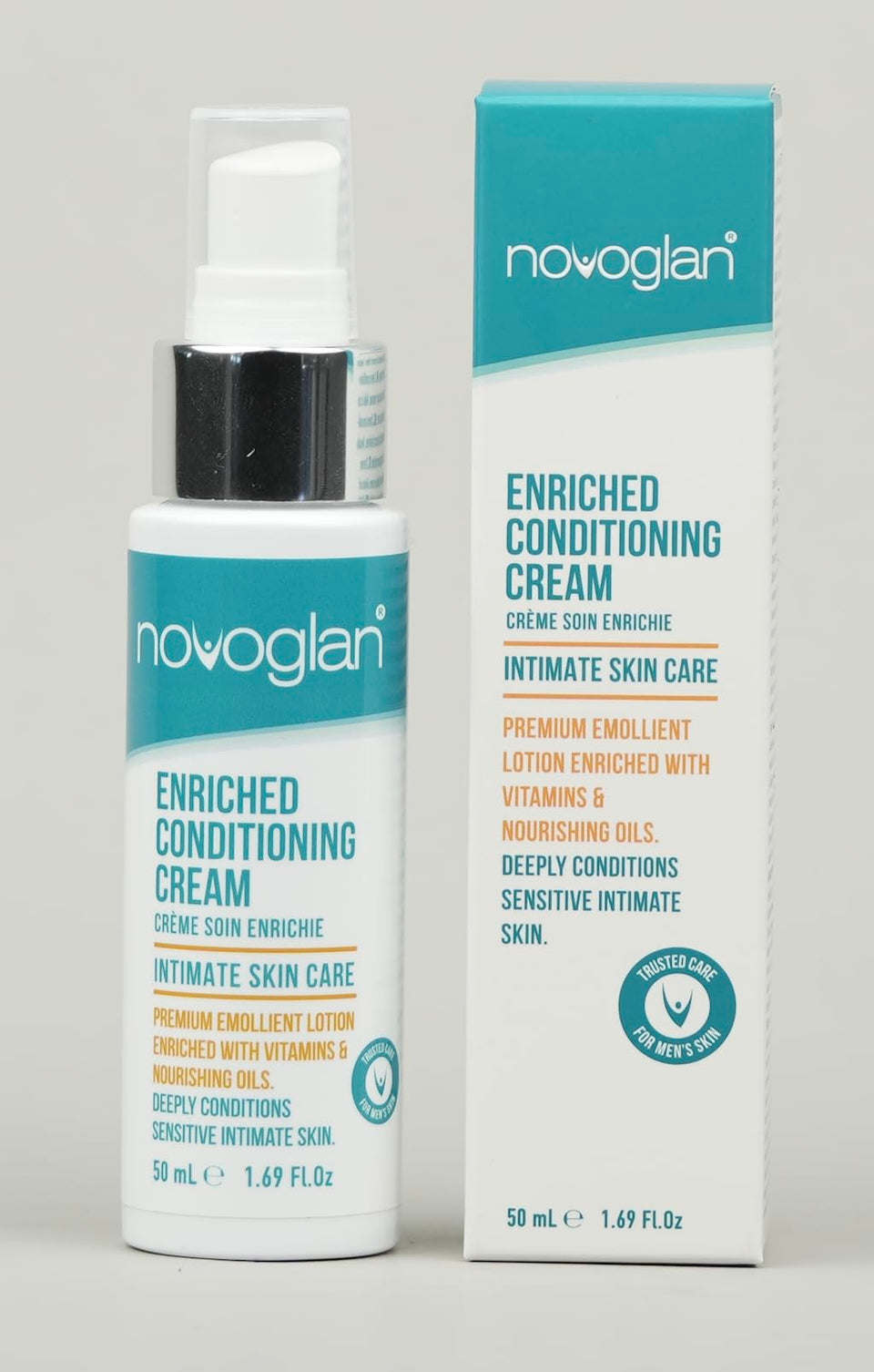 Novoglan Enriched Conditioning Cream bottle with pump for easy daily application.