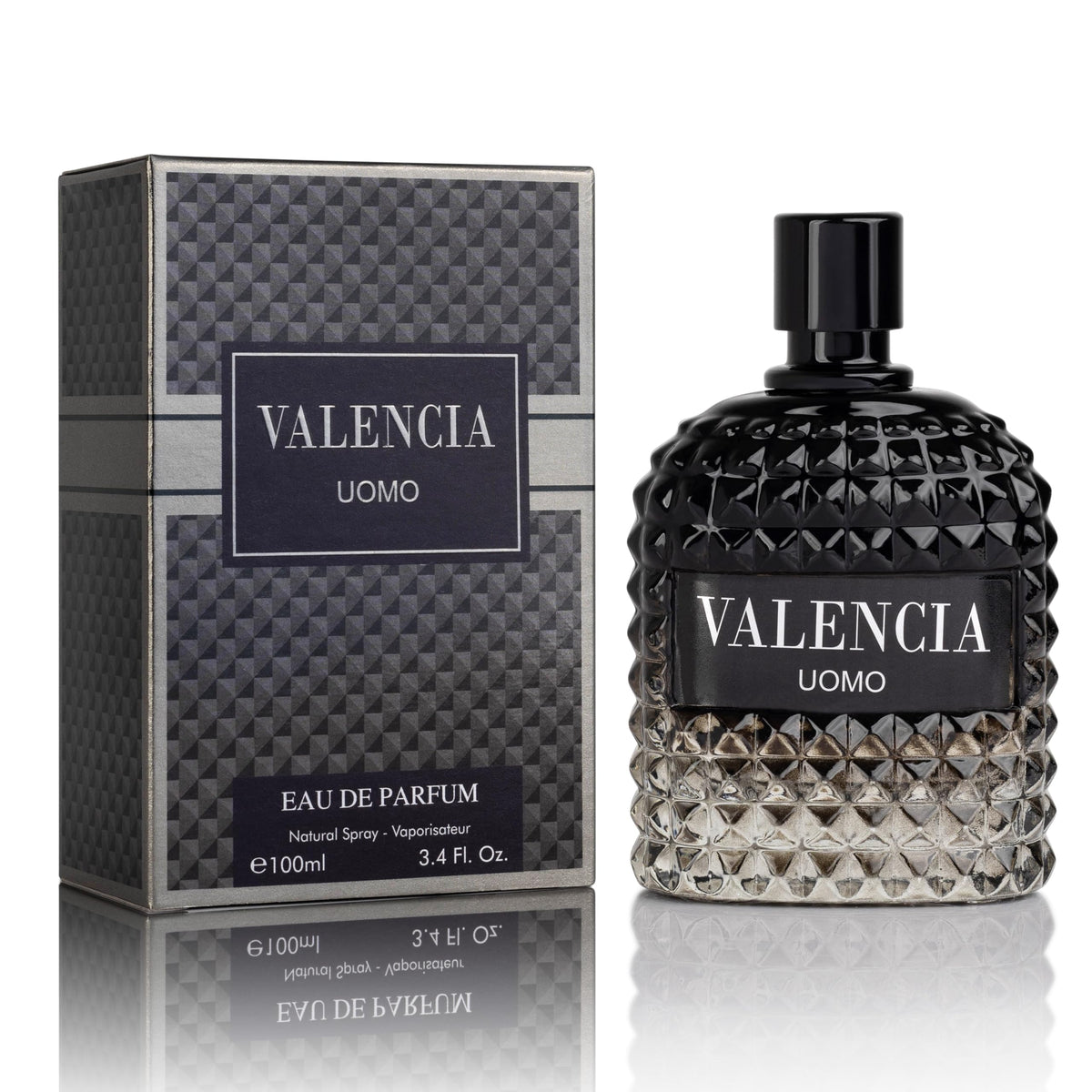NovoGlow Valencia UOMO bottle front, ideal for daily use with a bold, confident edge.