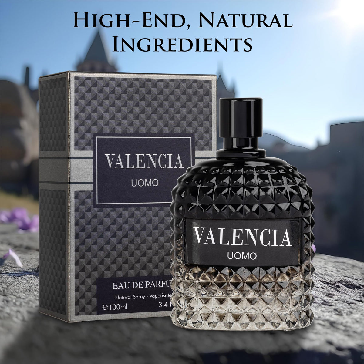 NovoGlow Valencia UOMO bottle side, premium presentation for gifting or personal collection.