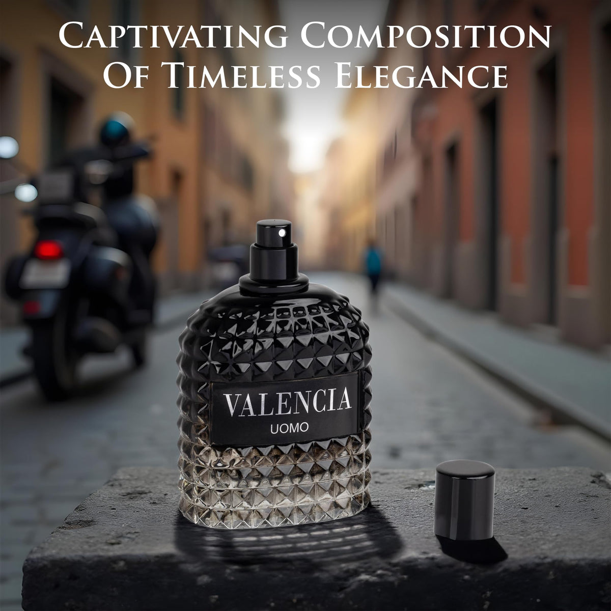 NovoGlow Valencia UOMO mineral-salt note, visual cue for a cool edgy twist.