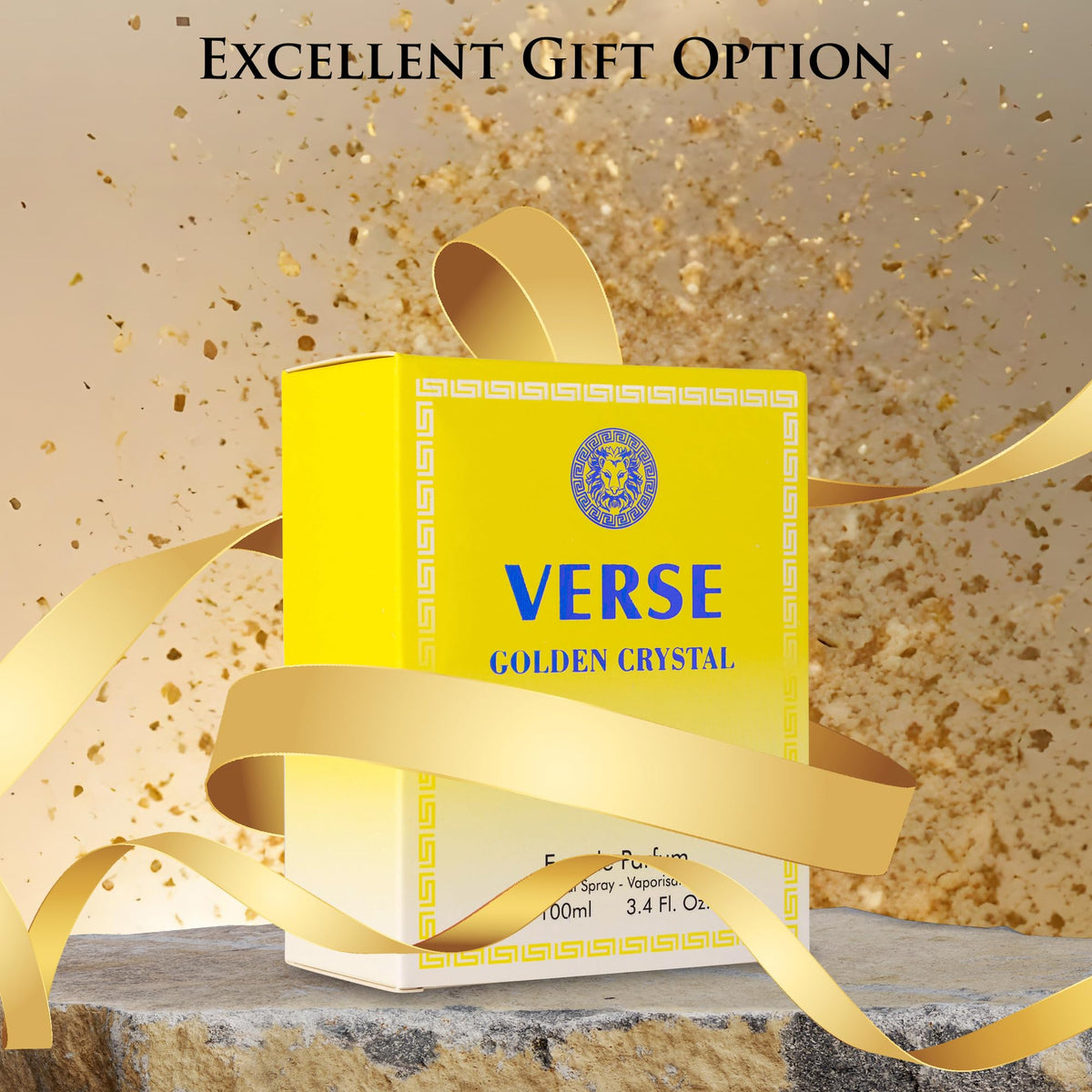 Verse Golden Crystal base notes of musk, guaiac wood, and amber for warm depth.