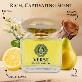 Close-up of NovoGlow Verse Golden Crystal cap on a sleek bottle for premium packaging.