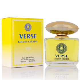 NovoGlow Verse Golden Crystal bottle front view, elegant fragrance for daily wear and special occasions.
