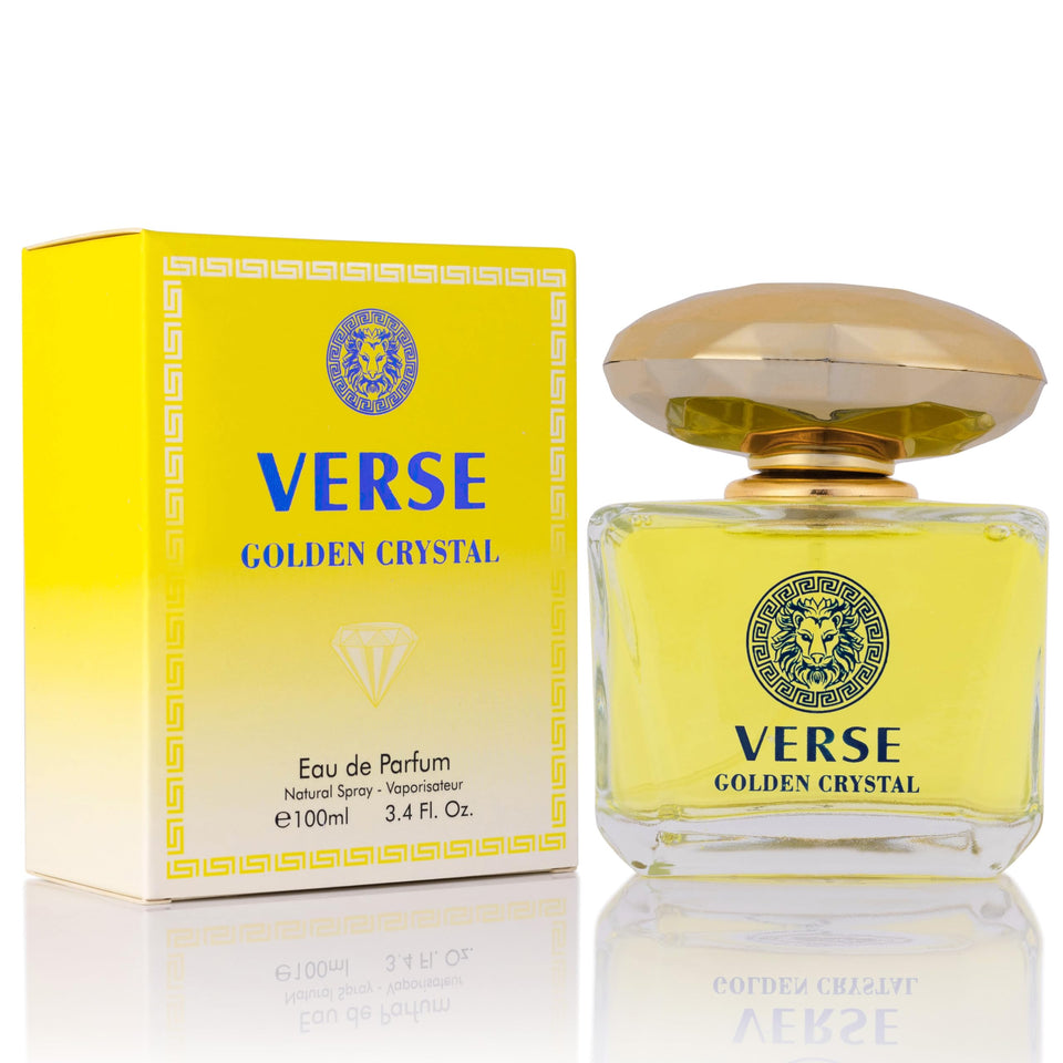 NovoGlow Verse Golden Crystal bottle front view, elegant fragrance for daily wear and special occasions.