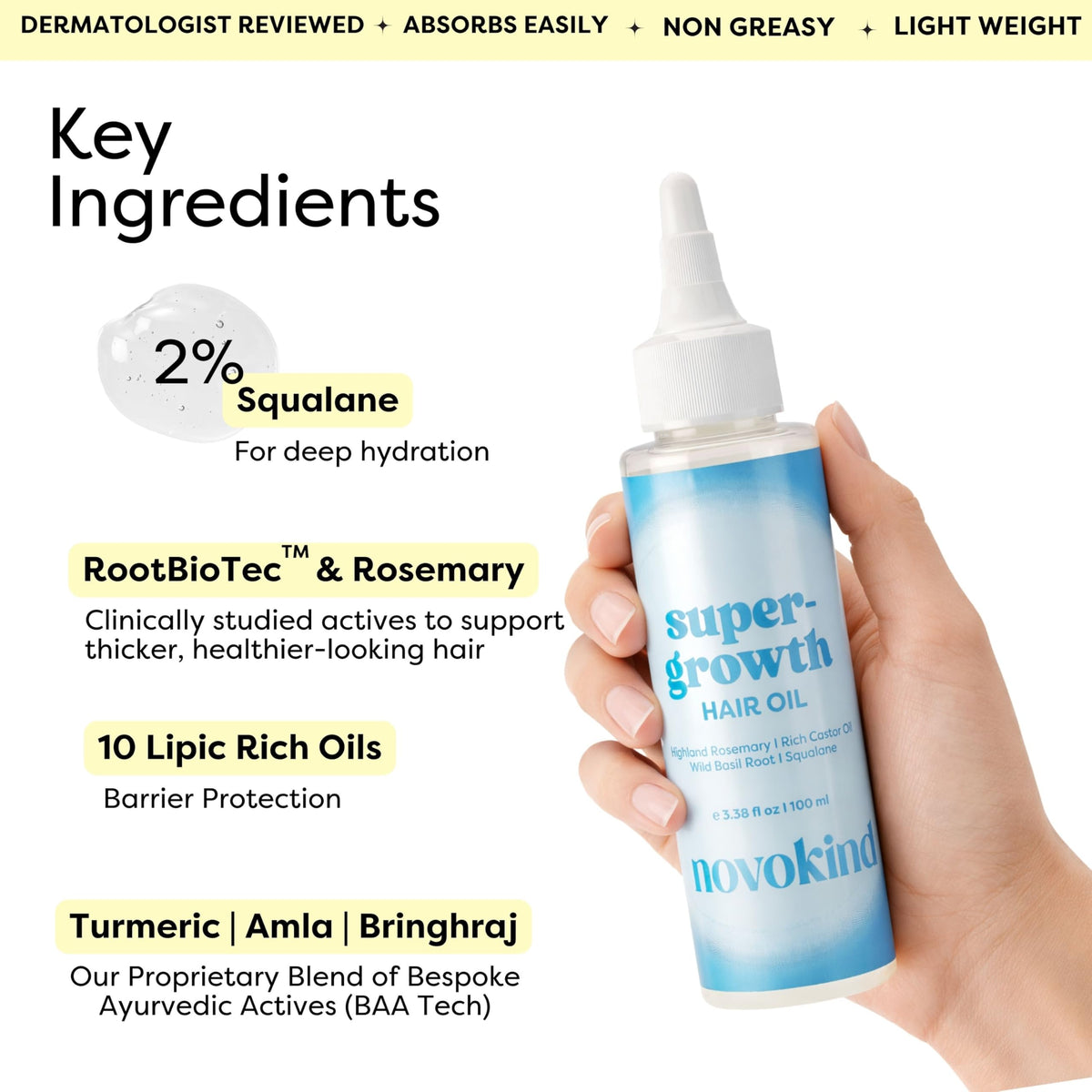 Novokind formula highlights rosemary and biotin for scalp nourishment.