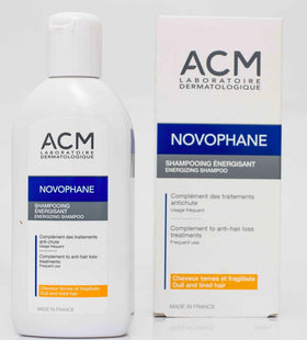 Novophane energizing shampoo bottle pour highlighting premium scalp care routine