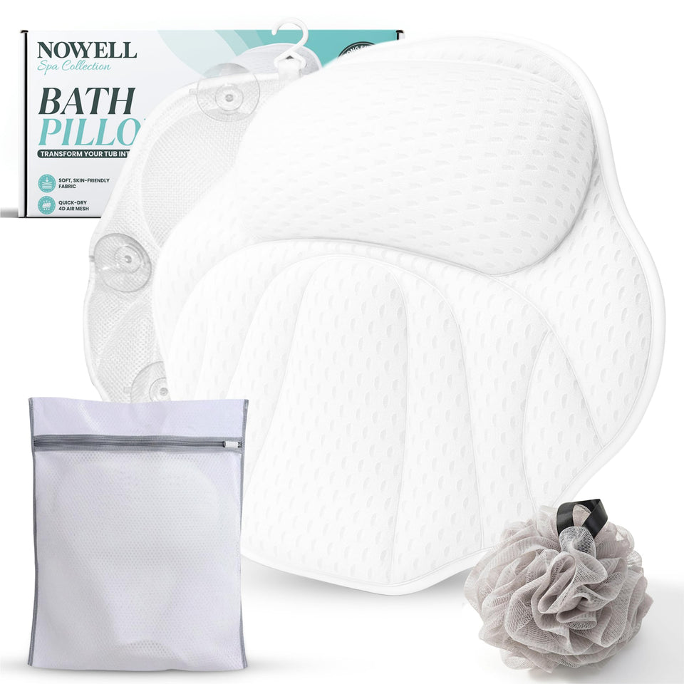 NOVYELL bathtub pillow provides head and neck support with secure suction for a comfortable soak