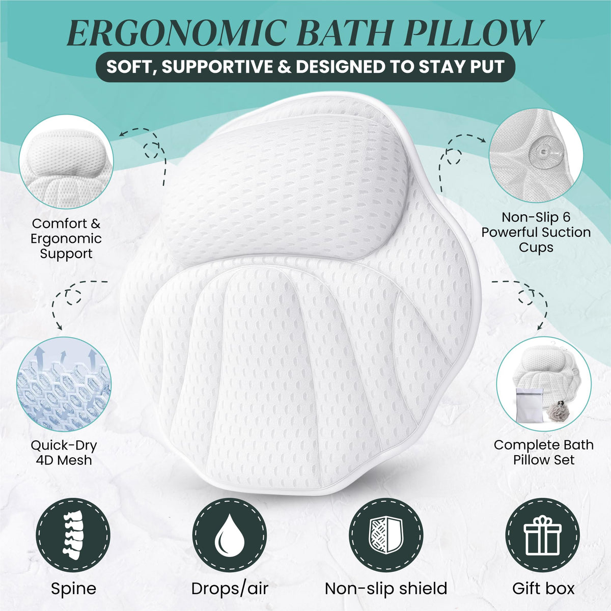 NOVYELL bathtub pillow with six suction cups stays securely in place on smooth tubs