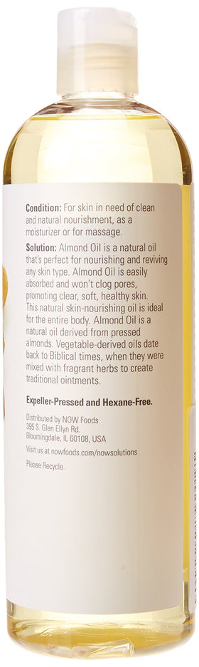 NOW Foods Almond Oil 3-pack closeup shows bottle and texture for easy application.