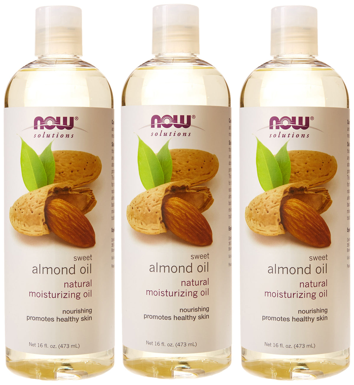 NOW Foods Almond Oil ingredients closeup emphasizing emollients for daily use.