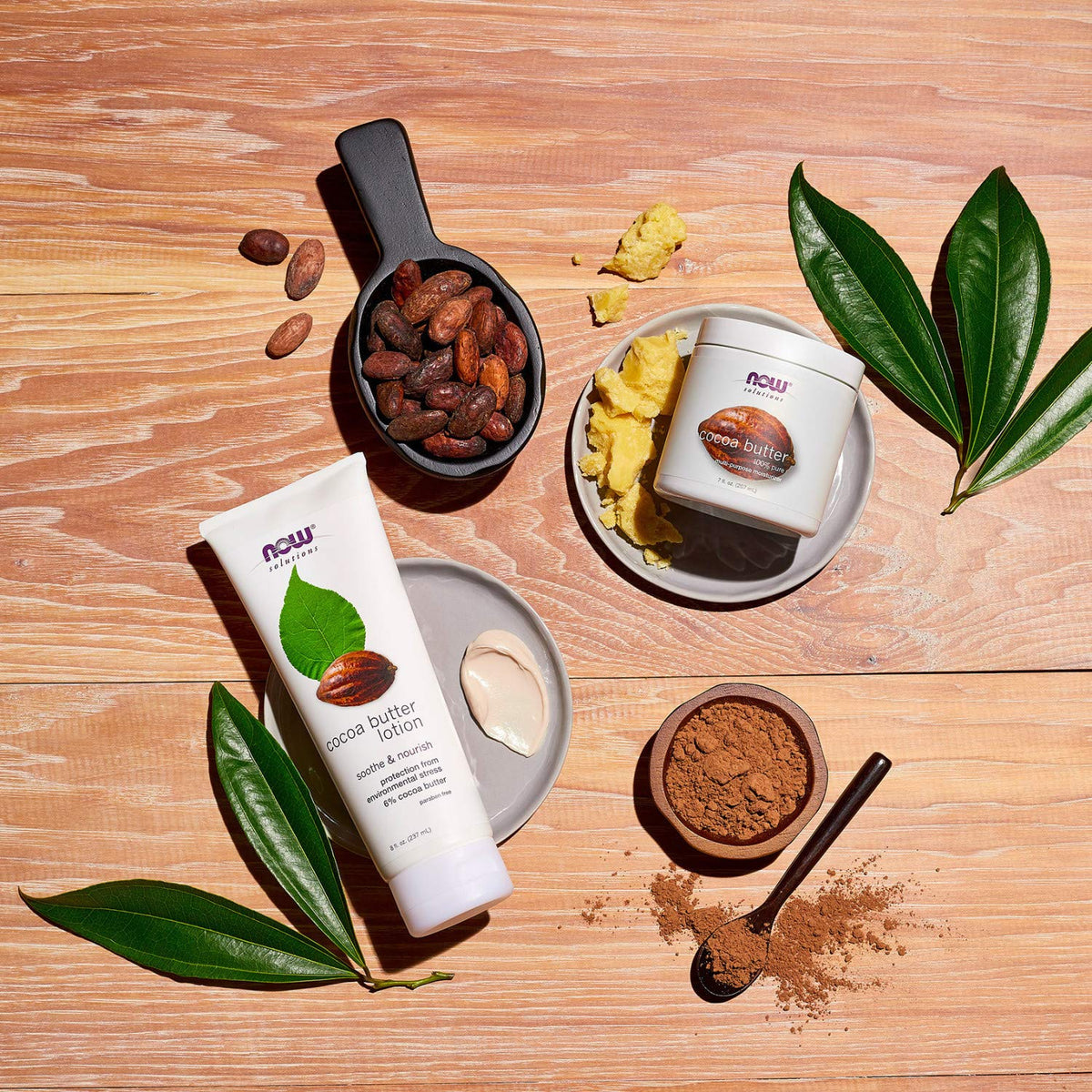 NOW Foods Cocoa Butter Lotion ingredients list highlights almond oil and aloe soothing