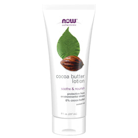 NOW Foods Cocoa Butter Lotion packaging shows USA made quality and skin protection