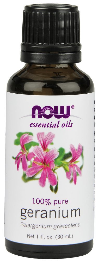 NOW Foods geranium oil bottle for purifying aroma and soothing daily skincare blends.