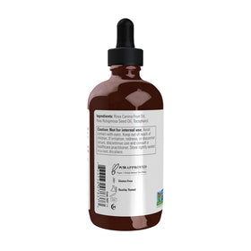 NOW Foods Rose Hip Seed Oil ingredients panel highlights rosehip oil and tocopherol