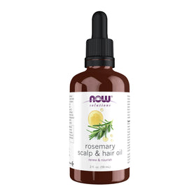 NOW Foods Rosemary Scalp Oil bottle pour for pre-wash scalp refresh.