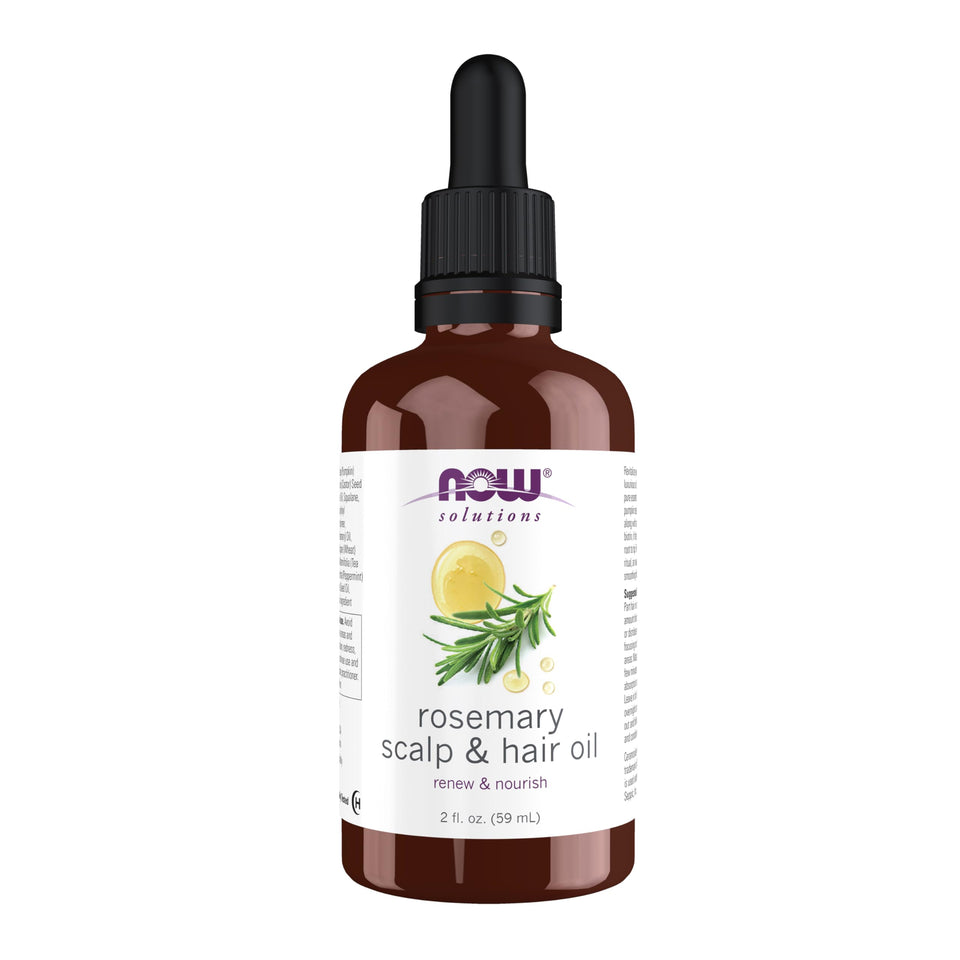 NOW Foods Rosemary Scalp Oil bottle pour for pre-wash scalp refresh.