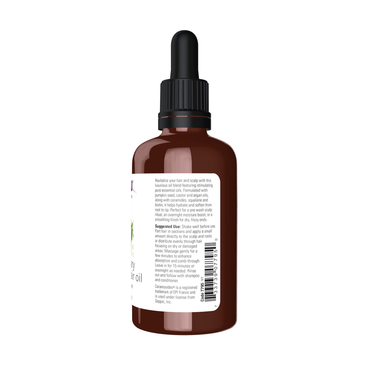NOW Foods Rosemary Scalp Oil packaging highlights USA-made quality and GMP standards.