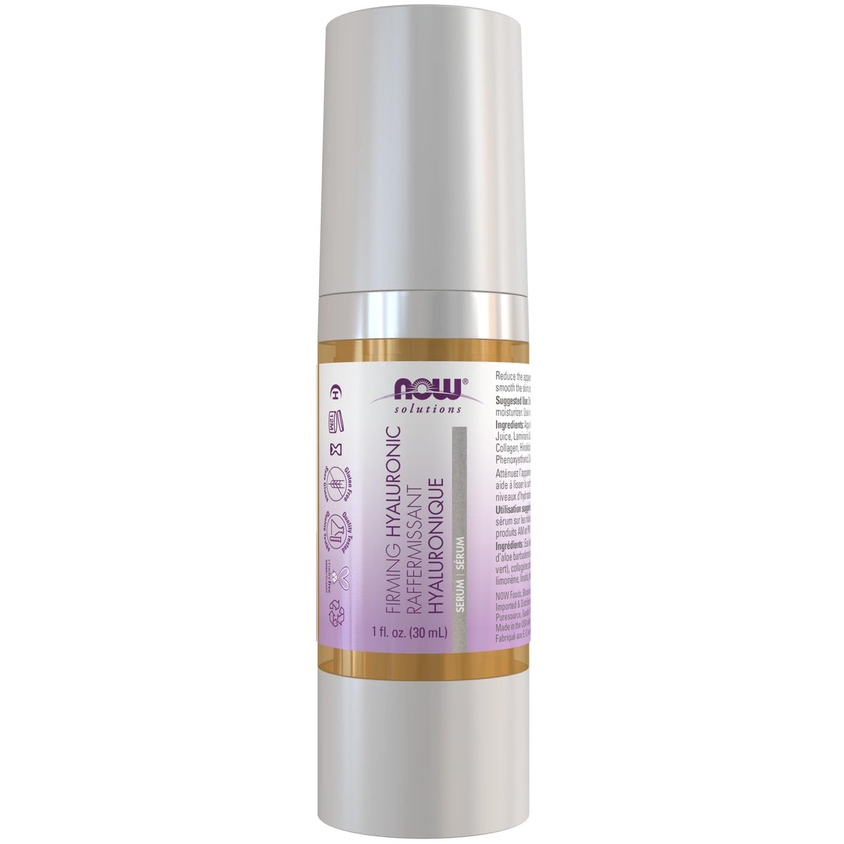 NOW Foods Hyaluronic Acid Serum bottle demonstrates hydration for smoother skin.