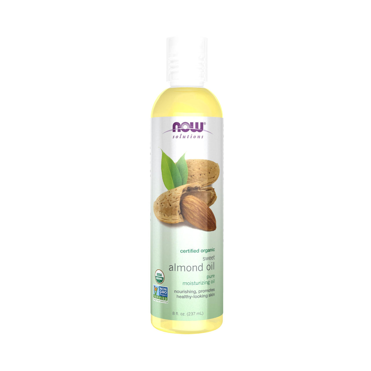 NOW Foods Organic Sweet Almond Oil bottle shows a pure, nourishing base for skin care.