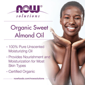 NOW Foods Organic Sweet Almond Oil pour illustrates easy use as a carrier for essential oils.