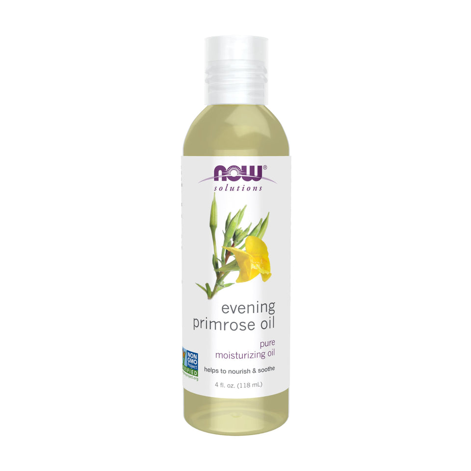 NOW Solutions Evening Primrose Oil bottle showing pure skin moisture potential.