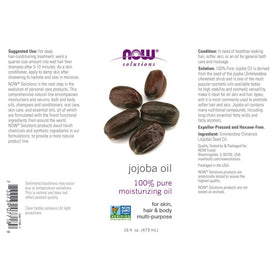NOW Solutions Jojoba Oil bottle back label for skin-care routine guidance.