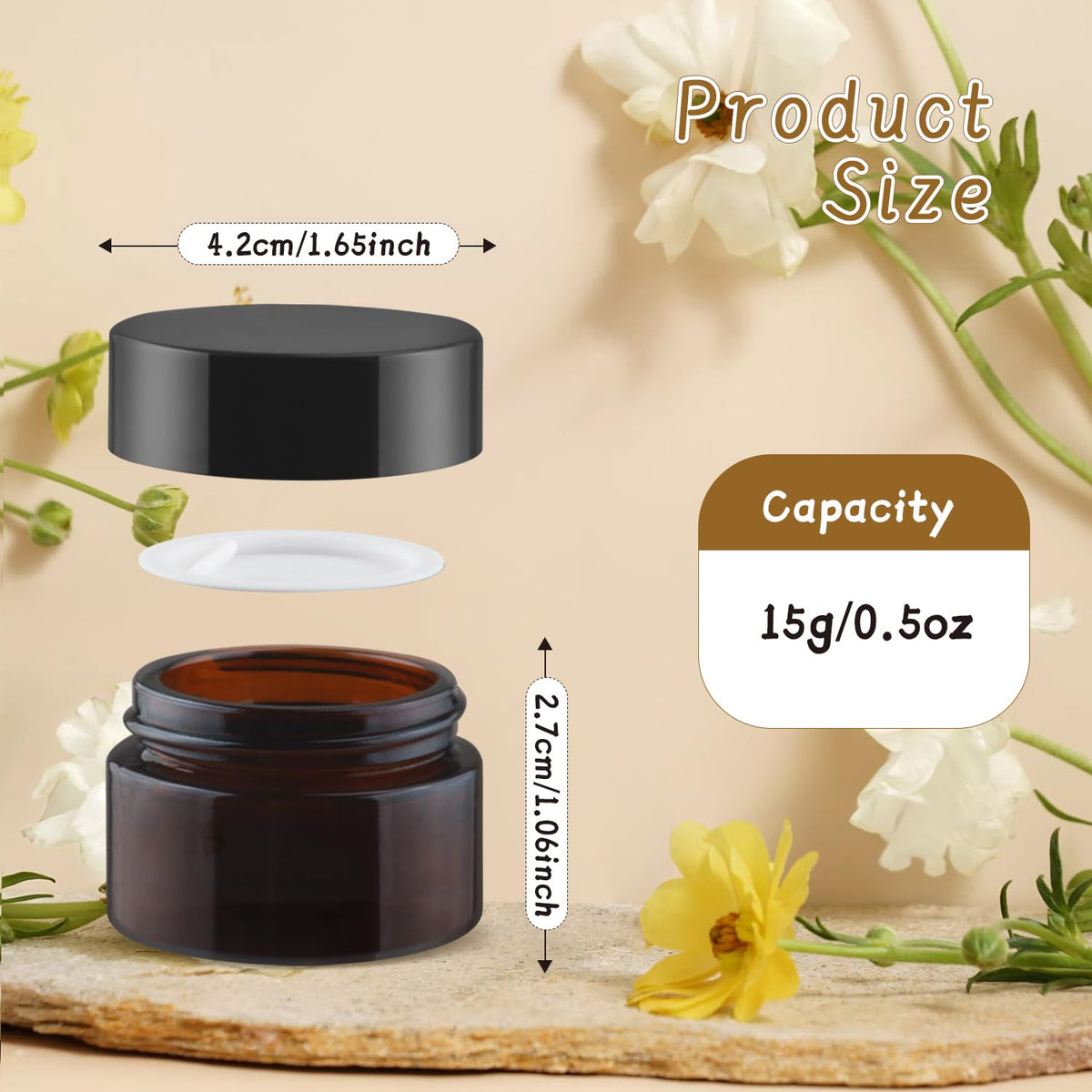 Nozefy amber glass jar 15g top view shows screw-on lid for leakage prevention