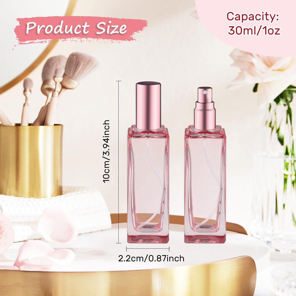 Close-up of Nozefy bottle showing rose gold lid and thick glass