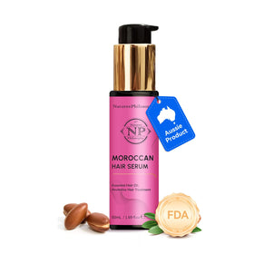 NP Nature's Philosophy Moroccan Argan Oil bottle pour frizz control on damp hair