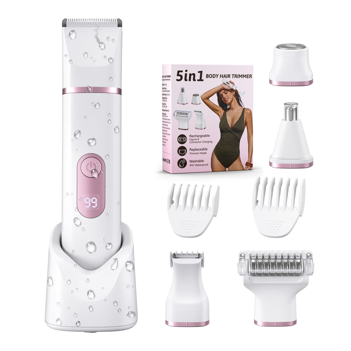 NPYXBR 5-in-1 Bikini Trimmer with all-heads set for versatile grooming at home.