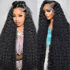 Nsvnsv deep wave lace front wig close-up shows natural hairline and silky texture.