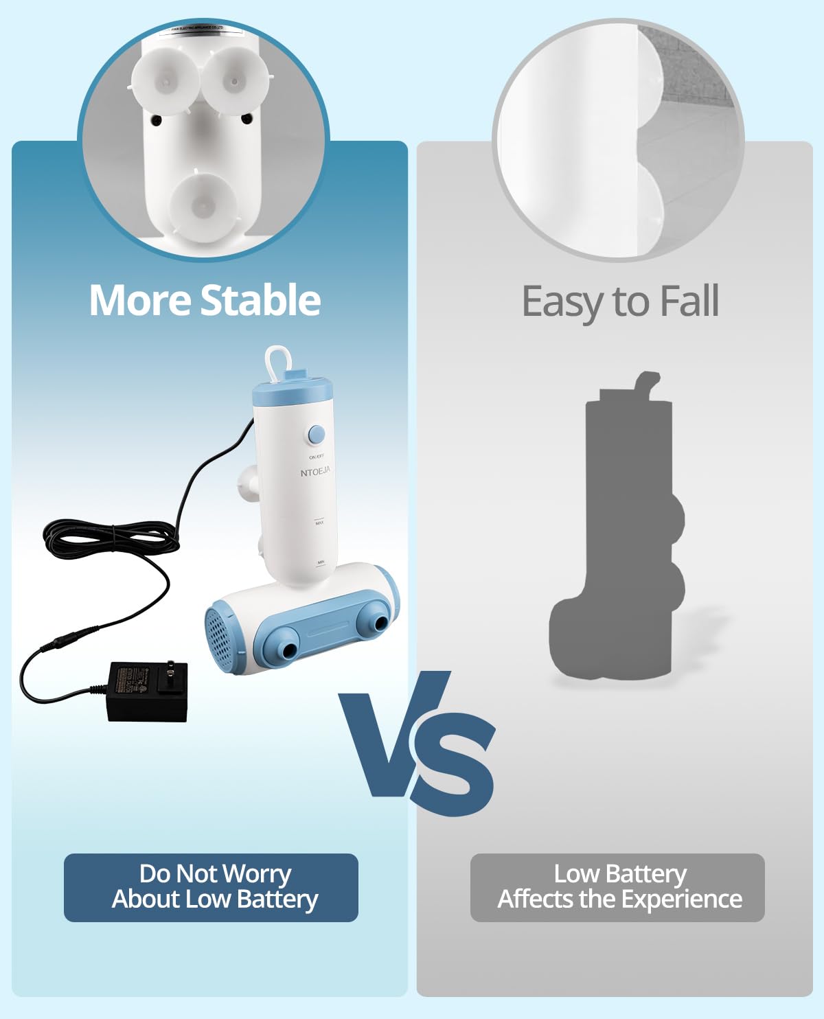 NTOEJA suction base keeps the unit securely attached to tub walls.