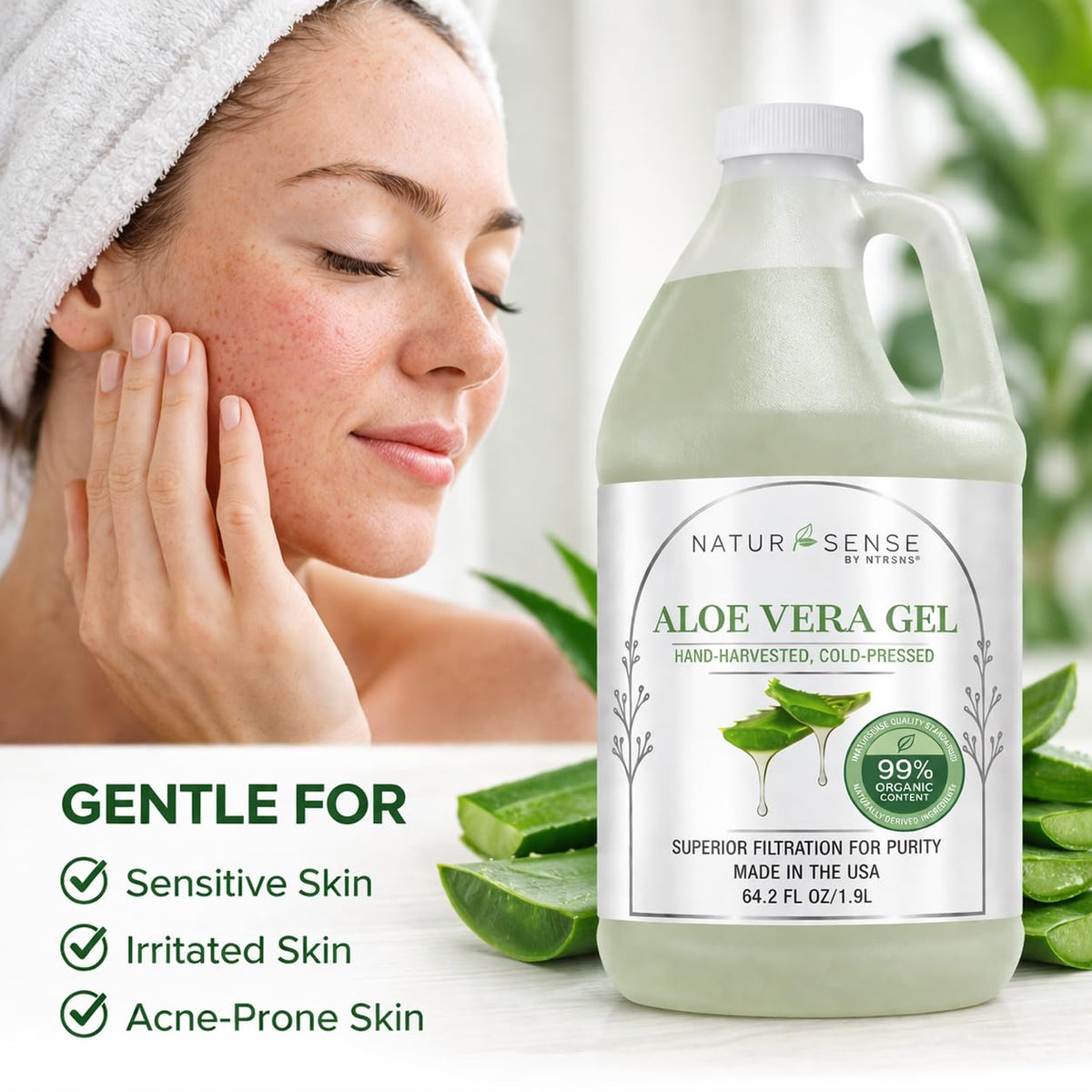 Ingredients panel featuring organic aloe juice and xanthan gum
