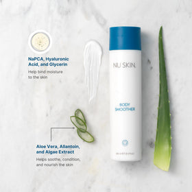 Person applying Nu Skin Body Smoother to dry skin for hydration