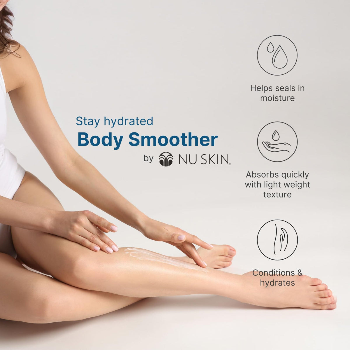 Close-up of Nu Skin Body Smoother lotion texture with creamy, non-greasy finish
