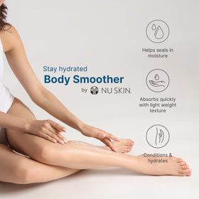 Close-up of Nu Skin Body Smoother lotion texture with creamy, non-greasy finish