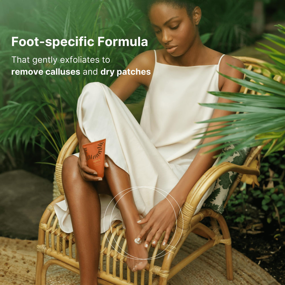 Nu Skin Epoch Sole Solution heel application shows smoothing effect on rough areas.