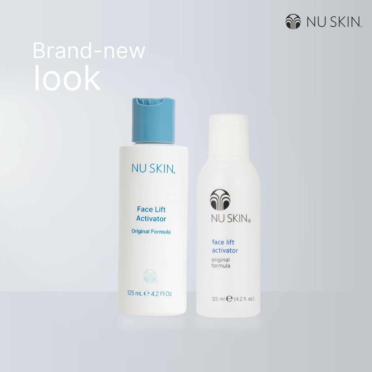 Nu Skin Face Lift Powder with Activator depicted dispensing, transforming powder into cream for smoothing.