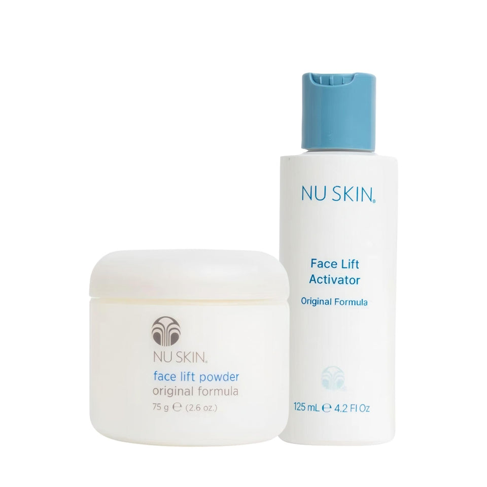 Nu Skin Face Lift Powder with Activator pack shown for quick daily smoothing.