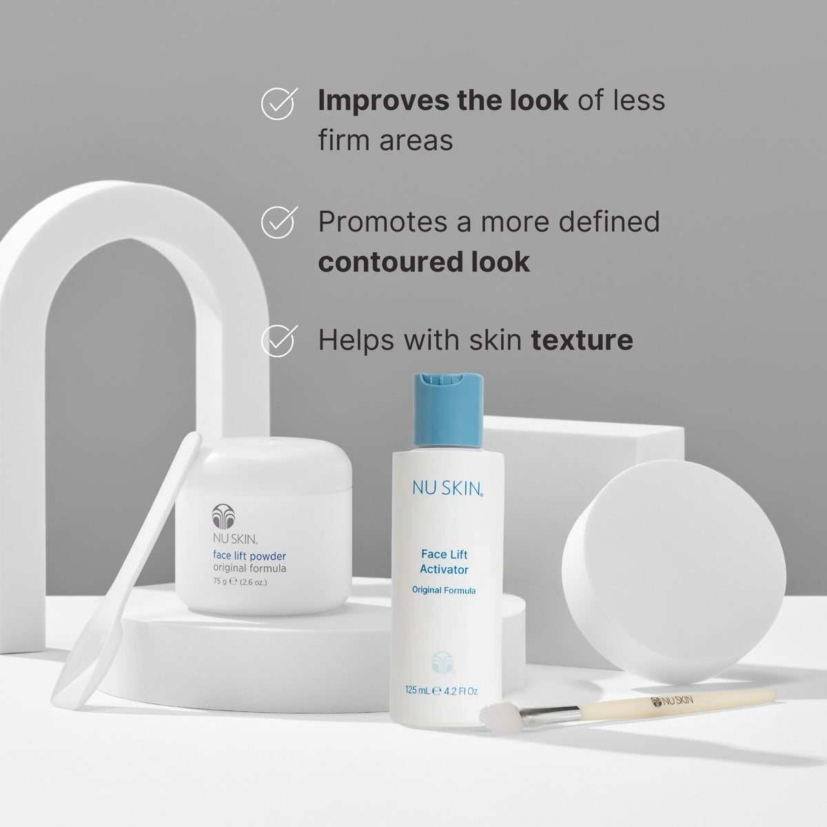 Nu Skin Face Lift Powder close-up showing texture-rich cream application on jawline.